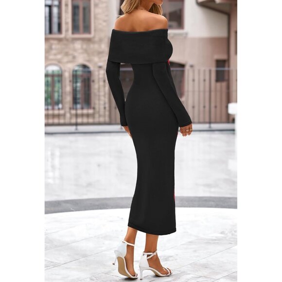 Merokeety Women's Blackrose Off Shoulder Long Sleeve Elegant Bodycon Midi Dress - Picture 4 of 9